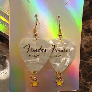 Fender Pearl White Guitar Pick Earrings with Gold Star Charms